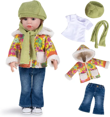 Vista 10 de Rakki Dolli American - Conjunto de ropa para muñeca de 18 pulgadas, set de moda de 5 piezas de abrigo rojo de invierno incluye abrigo cálido