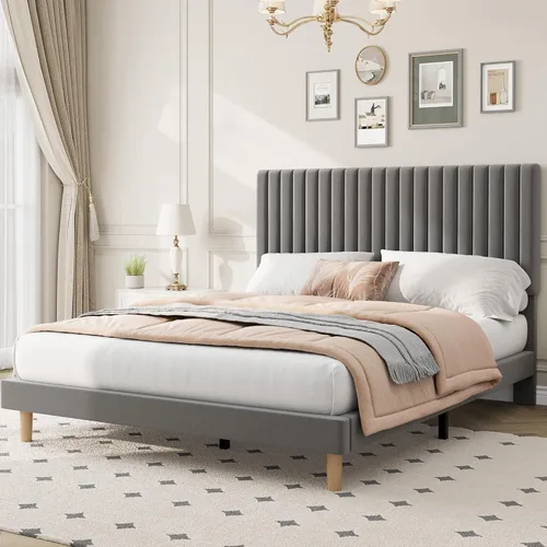Vista 9 de IDEALHOUSE Base de cama individual con cabecera ajustable, plataforma tapizada de terciopelo, marco de cama tamaño individual, canal vertical Beige