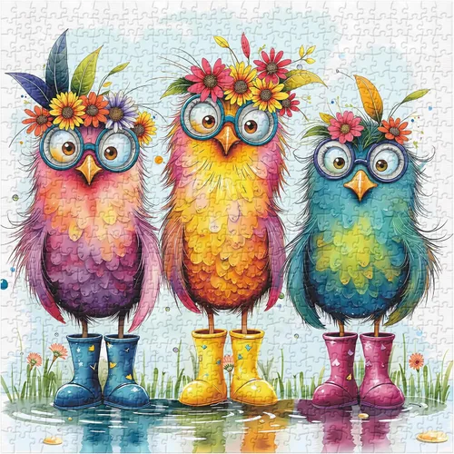 Vista 15 de Rompecabezas de 1000 piezas para la familia de pájaros lindos para adultos, coloridos pájaros con sombreros y bufandas, rompecabezas de animales