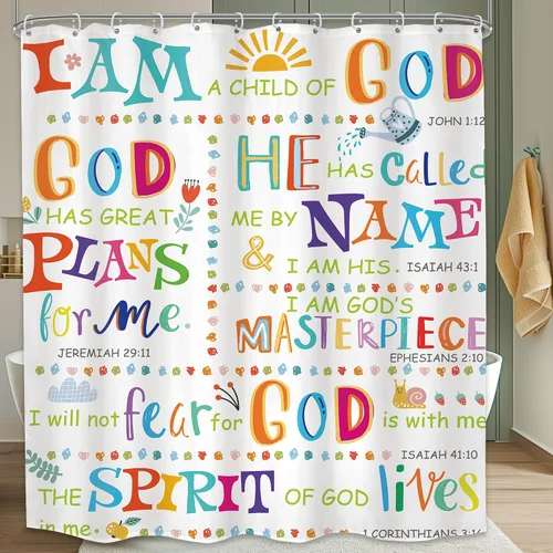 Vista 15 de Cortina de ducha cristiana con versos bíblicos para niños, baño, 48 pulgadas de ancho x 71 pulgadas de alto, pequeña cabina, escrituras