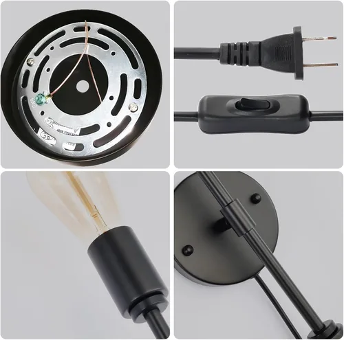 Vista 8 de Lámparas de tocador de baño negras de 2 luces, modernas lámparas de pared industriales con cable de interruptor de encendido/apagado, juego de dos
