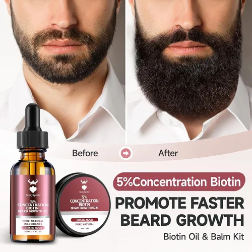 Vista 2 de Kit de crecimiento de barba y bálsamo para barba - Kit de crecimiento de barba con concentración de 5% de biotina para hombres, ingredientes