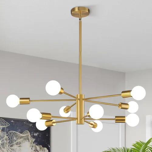 Vista 12 de KAISITE - Candelabro Moderno Sputnik - Candelabro de 6 Luces con Ajuste de Altura, Acabado en Negro y Oro para Cocina, Dormitorio y Vestíbulo