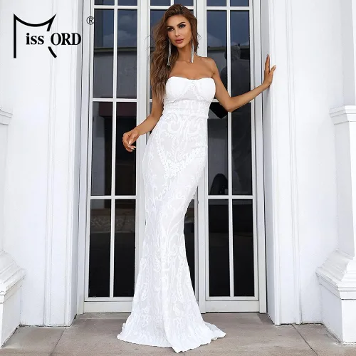 Vista 6 de Miss ord - Vestido sexy para brasier sin tirantes, largo de lentejuelas, para boda, fiesta de noche