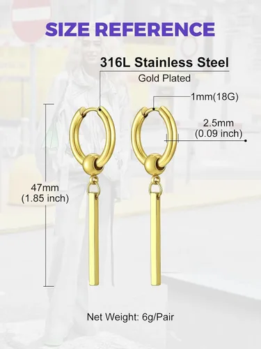 Vista 6 de Richsteel Dangle Earrings for Men,Stainless Steel Silver/Black/Gold plated Pendientes colgantes de oro B3