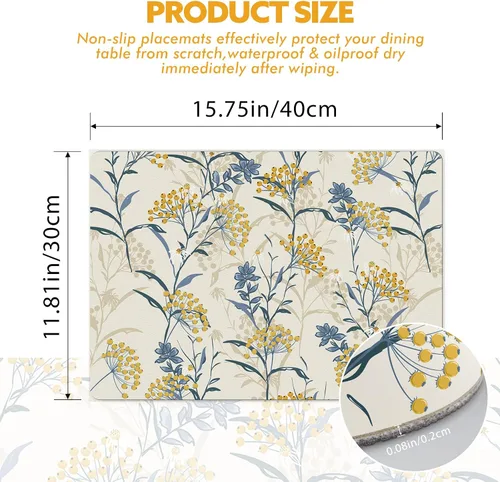 Vista 3 de Manteles individuales lavables con diseño floral de primavera, de piel sintética, resistentes al calor, impermeables, lavables, reutilizables