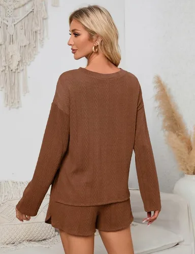 Vista 6 de MISSKY Conjunto de pijama de 2 piezas para mujer, camiseta de punto acanalado de manga larga y pantalones cortos, conjunto de pijama con bolsillos