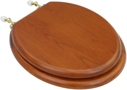 Vista 14 de Renovators Supply Manufacturing Asiento de retrete alargado de madera de caoba ligera con las bisagras de cobre amarillo de PVD y el parachoques