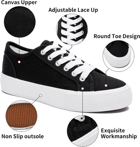 Vista 3 de Tenis de plataforma blanca para mujer zapatos de tenis con plataforma negra zapatos casuales de moda con cordones zapatos planos de lona para caminar