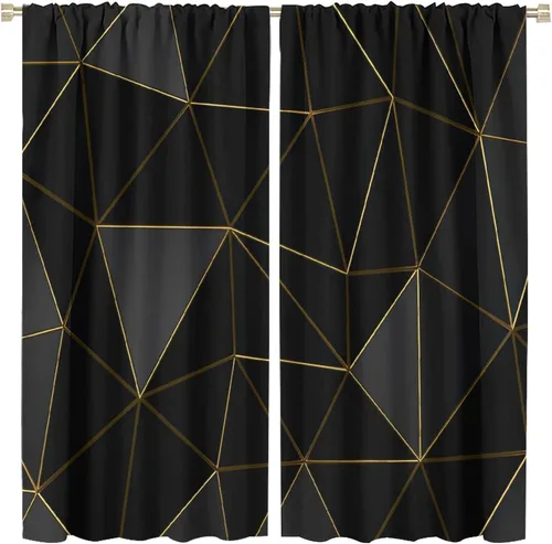 Vista 93 de Cortinas Negras con Dobladillo Dorado, Cortinas Opacas con Bolsillo para Barra con Estampado de Rayas de Foil en Onda Dorada para Decoración de Negro