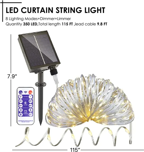 Vista 4 de Grand patio Tira de luces solares para exteriores, 115 pies, 350 LED, impermeable, 8 modos con atenuador y temporizador, luces solares para patio