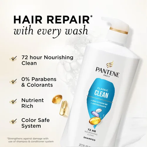 Vista 2 de Pantene Champú, Classic Clean - Nutrientes Pro-V para cabello seco, teñido y teñido, cabello de aspecto saludable cada lavado, rico en Limpieza