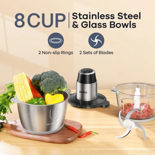 Vista 5 de GANIZA Procesadores de alimentos, picadora eléctrica con picadora de carne y picadora de verduras, 2 cuencos (8 tazas+8 tazas) con potente motor