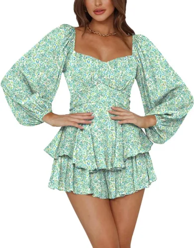 Vista 12 de LYANER Mono de Mujer de Manga Farol Larga con Volantes en Capas y Lazo Mini Corto Romper