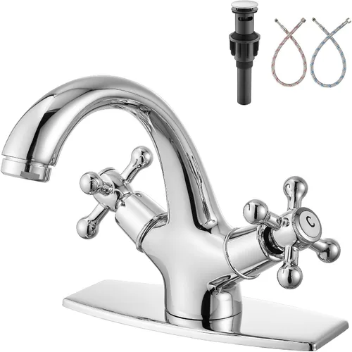 Vista 11 de Aolemi Grifo de lavabo de baño de un solo agujero, frío y caliente, doble mango, pomos cruzados, lavabo mezclador con placa de cubierta con drenaje