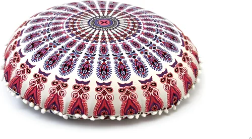 Vista 21 de CRAFT KALA Funda de cojín redonda grande de 32 pulgadas para el suelo bohemio, funda de puf boho, funda de cojín de mandala para meditación, cojines
