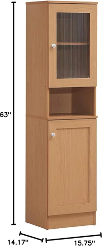 Vista 3 de Hodedah Estante abierto delgado de 63 pulgadas de alto más almacenamiento cerrado superior e inferior despensa de cocina, haya (HIK93 Beech)
