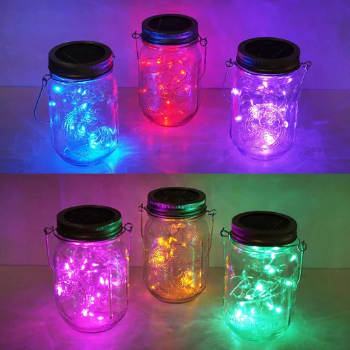 Vista 9 de Juego de 6 luces solares para tapa de tarro, paquete de 20 luces LED impermeables con diseño de estrella de hadas y luciérnaga, para decoración