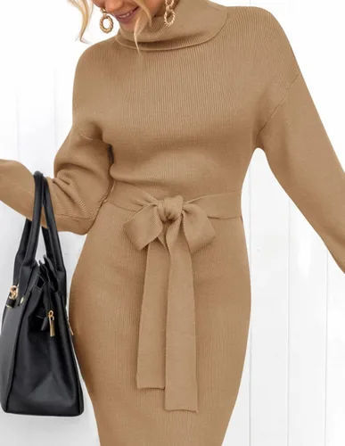 Vista 76 de ZESICA - Vestido por debajo de la rodilla de suéter, de cuello alto, para mujer, de manga larga, de punto acanalado, con abertura y cinturón
