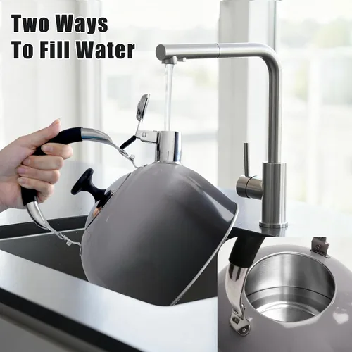 Vista 8 de Tinlon - Tetera esmaltada de 2.5 cuartos de galón para estufa, color negro Hervidor de cocina de acero inoxidable con mango plegable para agua