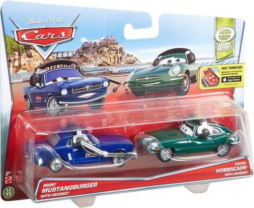 Vista 3 de Disney /Pixar Cars Brent Mustangburger con auriculares y Leland Turbo Carro de personajes fundido a presión (paquete de 2)