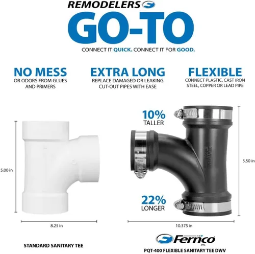 Vista 4 de Fernco 4" flexible de PVC Tee con buje reductor opcional de 3" para conexiones de tuberías de hierro fundido DWV, acero y plástico