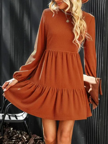 Vista 7 de CUPSHE Minivestido tipo suéter con cuello redondo y manga larga de obispo Naranja quemado