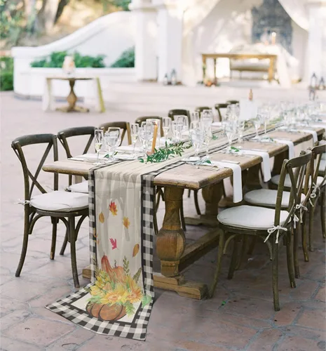 Vista 5 de Plaid Pumpkin Sunflower Chiffon Table Runner 55 Inches Long, Voile Sheer Tulle Runner for Rustic Wedding Reception Bridal Shower Decorations