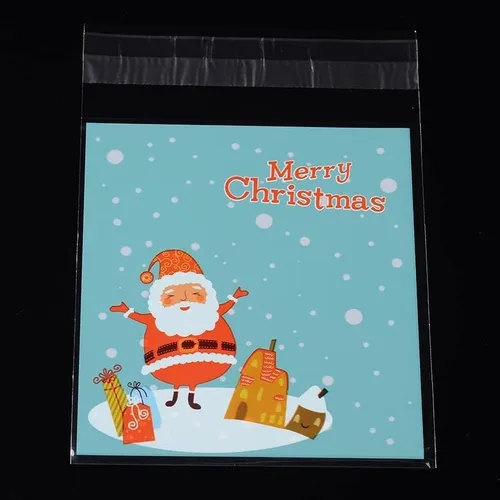 Vista 4 de Mega Pet 100 bolsas de plástico rectangulares de celofán con patrón de Papá Noel, bolsas de plástico OPP, autoadhesivas, bolsas de celofán, bolsas