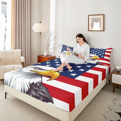 Vista 20 de Erosebridal American Flag Fitted Sheet Twin, Hockey Bedding Set United States Sports Games Bed Sheets for Kids Boys Teens Bedroom, Red White