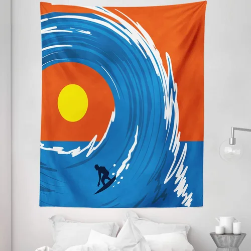 Vista 5 de Ambesonne Tapiz Ride the Wave de hombre surfing en olas gigantes del océano retro, póster deportivo, decoración de tela para colgar en la pared
