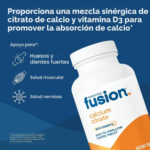 Vista 2 de Bariatric Fusion Citrato de calcio no masticable con tableta de vitamina D3 Suplemento de calcio de 600 mg fácil de tragar con vitamina D