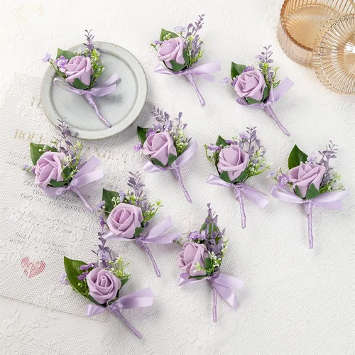 Vista 6 de 10 unids/lote de espuma artificial PE flores boda novio hermano padre boutonnieres hombres ojales ramillete boda flor fiesta decoración