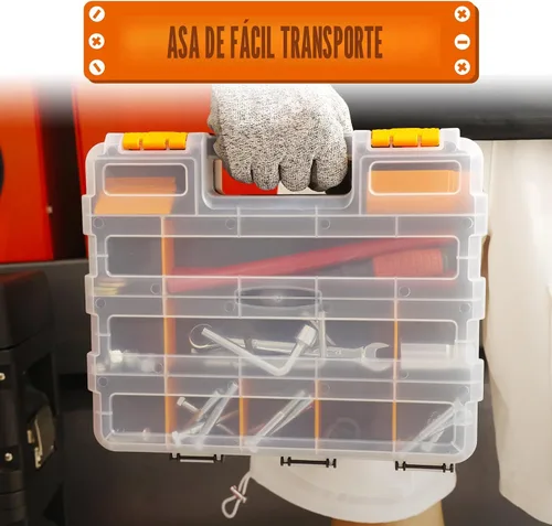 Vista 7 de Caja de herramientas con tapa transparente, caja organizadora de 34 compartimentos de doble cara con divisores extraíbles para herrajes, tornillos