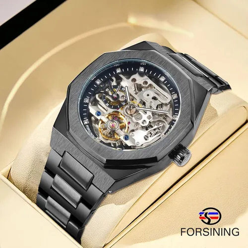 Vista 8 de FORSINING Reloj Vintage para Hombres Grabado Automático de Cuerda Automática Mecánico Esfera Grande Luminosa Fase Lunar Dorado Hueco Patrón de Negro