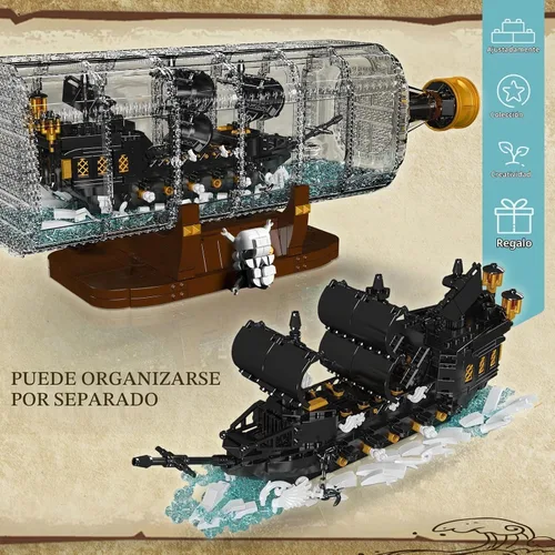 Vista 2 de Mould King 10065 - Botella de deriva con juego de bloques de construcción de barcos de perlas negras, modelo de barco pirata en botella, kit