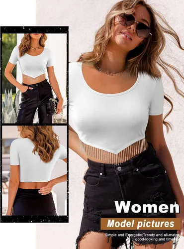 Vista 2 de Dresswel Nashville - Blusa corta brillante de manga corta con flecos de diamantes de imitación para verano, blusa corta con borlas y purpurina