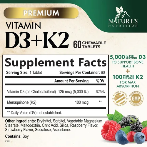 Vista 2 de Suplemento de vitamina D3 K2 5000 UI D3 + K2 100 mcg MK-7 K2 con vitamina D Apoya la salud inmunológica, cardíaca, dental y ósea, fácil