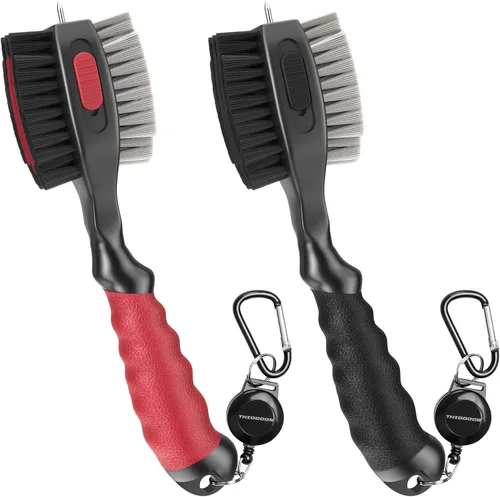 Vista 9 de THIODOON 2 Pack Golf Club Brushes and Groove Cleaner 2 ft Retractable Zipline Carabiner Golf Brush Head with Retractable Spike Comfortable Grip Golf