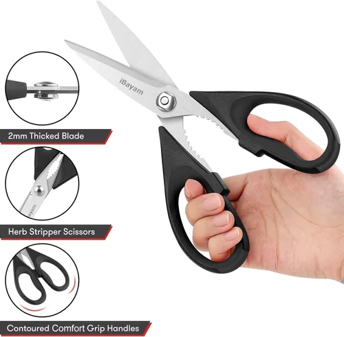 Vista 4 de iBayam Tijeras de cocina multiusos con funda protectora, tijeras de acero inoxidable duraderas, aptas para lavavajillas, mango cómodo de agarre suave