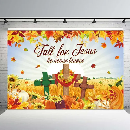 Vista 2 de MEHOFOND Fondo de otoño de 7 x 5 pies para Jesús, decoración de otoño, pancarta, hoja de arce, decoración de la Biblia, religión cristiana, fondo