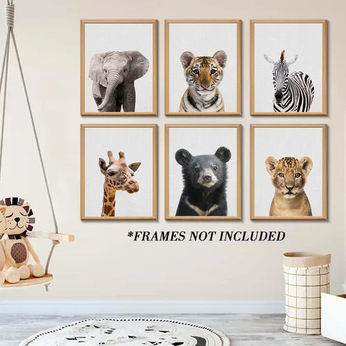 Vista 7 de EPHANY Pósteres y Impresiones de Animales de Safari para Bebés, Pintura sobre Lienzo para Guardería, Arte de Pared con Elefante, Tigre, Ciervo, Oso