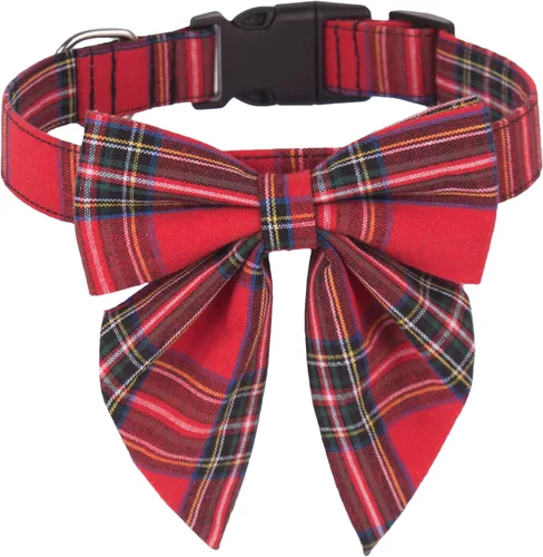 Vista 7 de ADOGGYGO Collar de Navidad para perro con lazo, ajustable de algodón rojo a cuadros, collares de Navidad para perros pequeños, medianos y grandes
