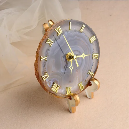 Vista 7 de JIC Gem Reloj de rebanada de ágata natural negro/gris con base, reloj de ágata, reloj decorativo Negro\gris romano