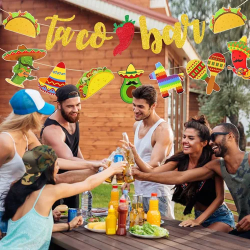 Vista 7 de Fiesta Taco Bar Banner Garland 2 juegos de fiesta mexicana fiesta bandera con cactus burro maraca sombrero taco pimienta para fiesta temática