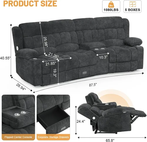 Vista 2 de Dresegmt - Juego de sofá reclinable con consola, diseño de respaldo central abatible, sofá de 3 plazas y sillón reclinable individual, sofás Gris