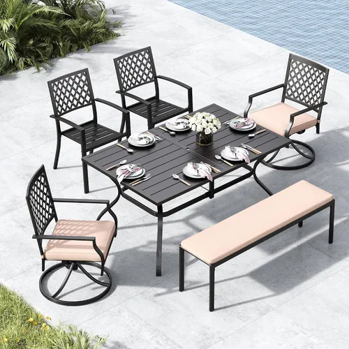 Vista 11 de MFSTUDIO Juego de comedor al aire libre para 6 con agujero para paraguas Patrón de red