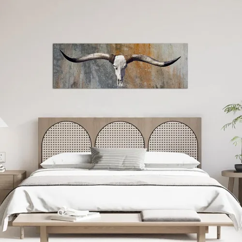 Vista 5 de Biuteawal Lienzo vintage de cráneo de toro, arte de pared con cabeza de cuerno largo, cráneo, pintura de bisonte, vaca, vida silvestre, obra de arte