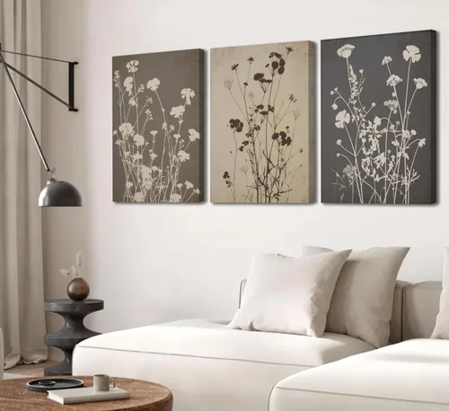 Vista 4 de 3 piezas de arte de pared de flores en tonos oscuros en lona vintage póster impreso pintura de flores silvestres oscuras en granja imagen botánica