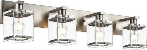 Vista 17 de Iluminación de aplique de pared de 2 luces con base de bombilla E26, lámpara de tocador de baño moderna de níquel cepillado para sobre espejo